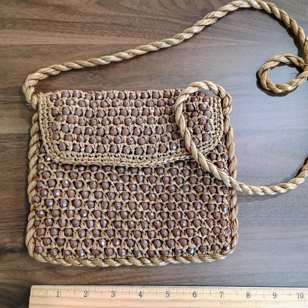 Brown Woven And Beaded Bag